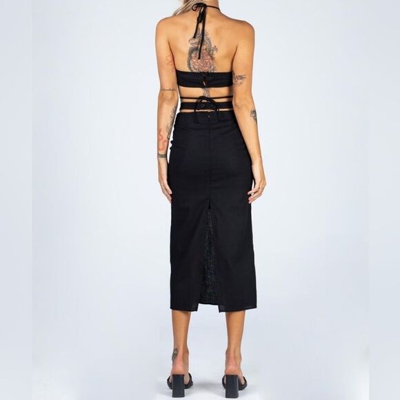 Princess Polly Black Mariah Cotton Linen‎ Cutout Midi Sheath Skirt 4US - Picture 3 of 9